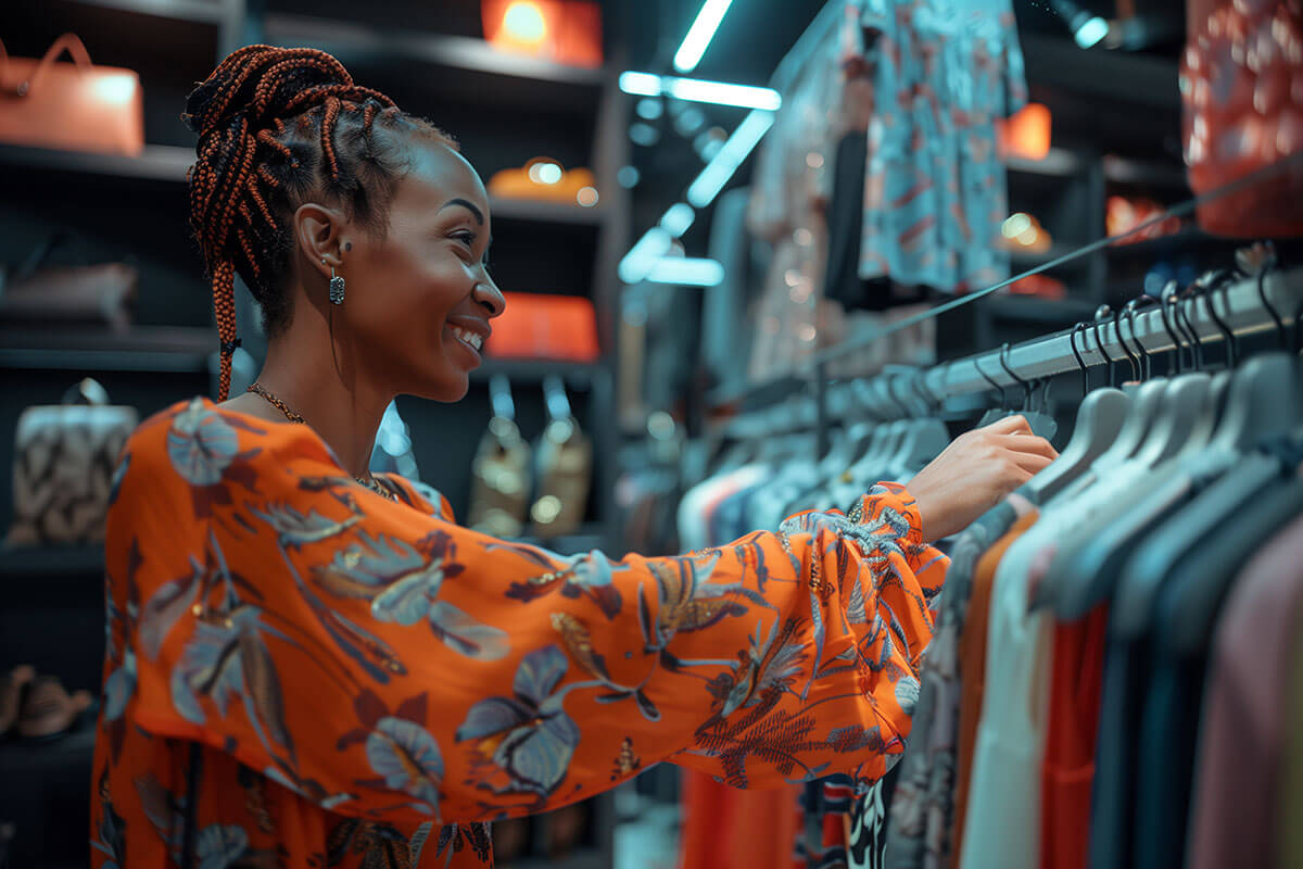 Mulher sorridente em uma loja de roupas, analisando peças em cabides. Ela veste uma blusa laranja com estampas florais e está cercada por acessórios e roupas em um ambiente iluminado e organizado.