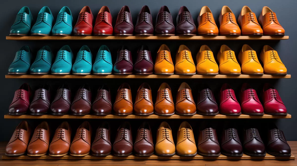 Sapatos coloridos organizados na prateleira de uma loja